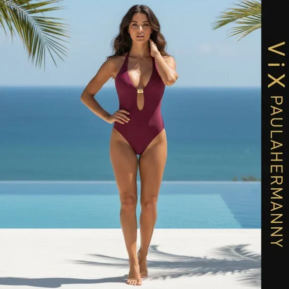 ViX Paula Hermanny Matte Liza One Piece NWT Burgundy Large - Picture 1 of 11